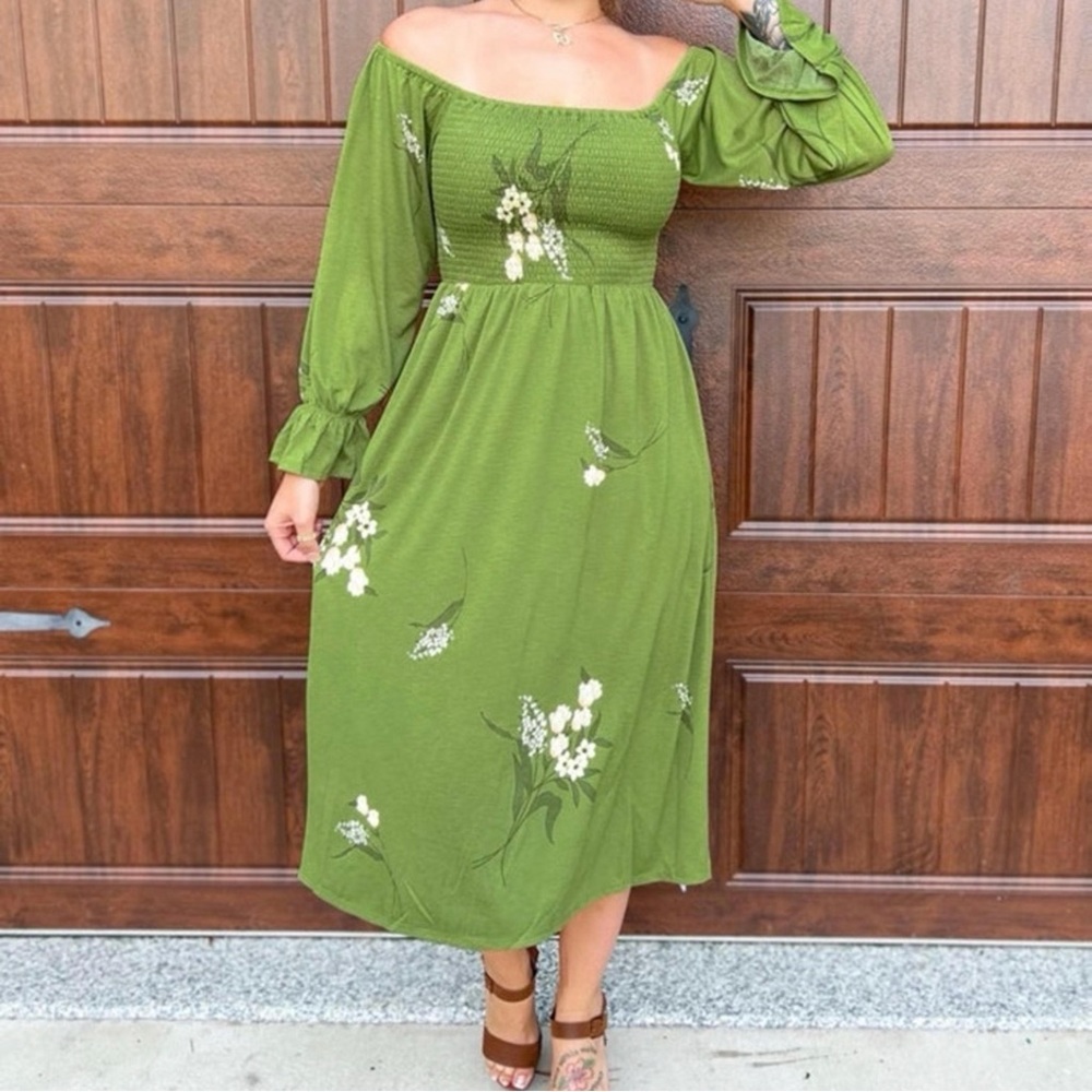 Sugarlips Olive Floral Puff Sleeve Midi Dress